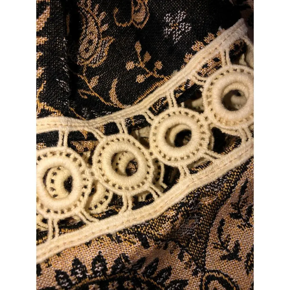 Rising Tide Infinity Scarf Paisley Crochet Trim Brown Tan Beige Handcrafted